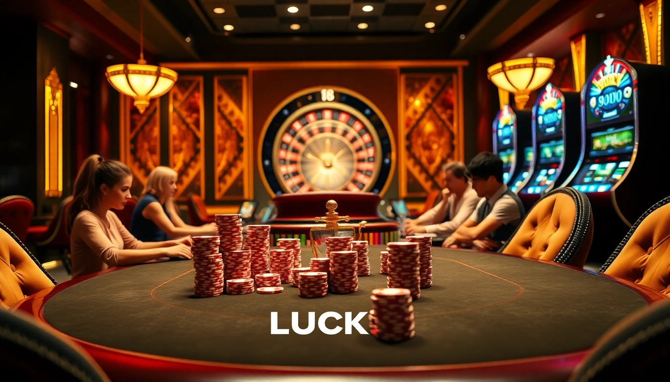 Experience the thrill of LUCK8 with a luxurious casino scene featuring poker and roulette games.