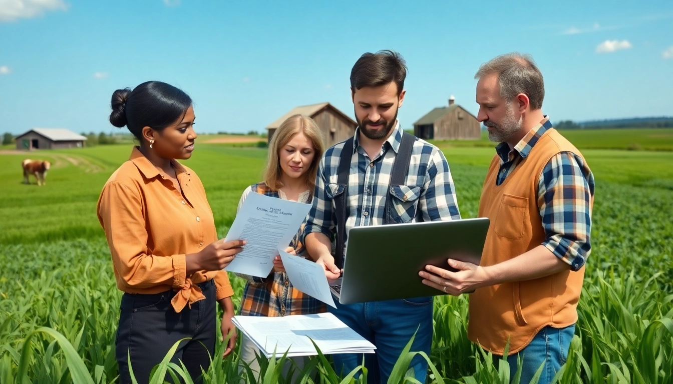 Agricultural law consultation with farmers, showcasing legal advice in a vibrant field setting.