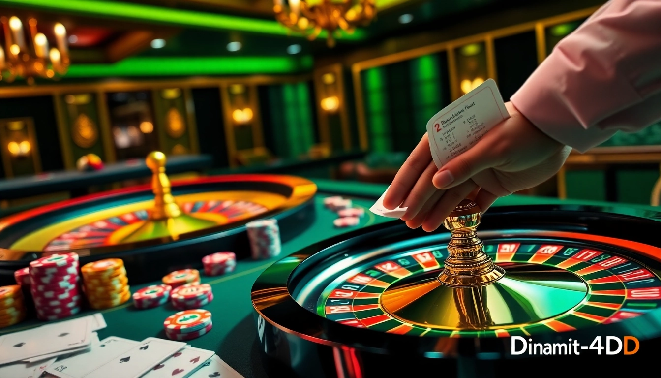 Experience the excitement of Dinamit4D online gambling with vibrant poker chips and spinning roulette wheel.