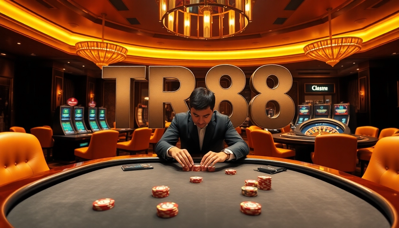 Engaged player at a poker table surrounded by luxury casino elements, with the TR88 theme showcasing strategy and excitement.