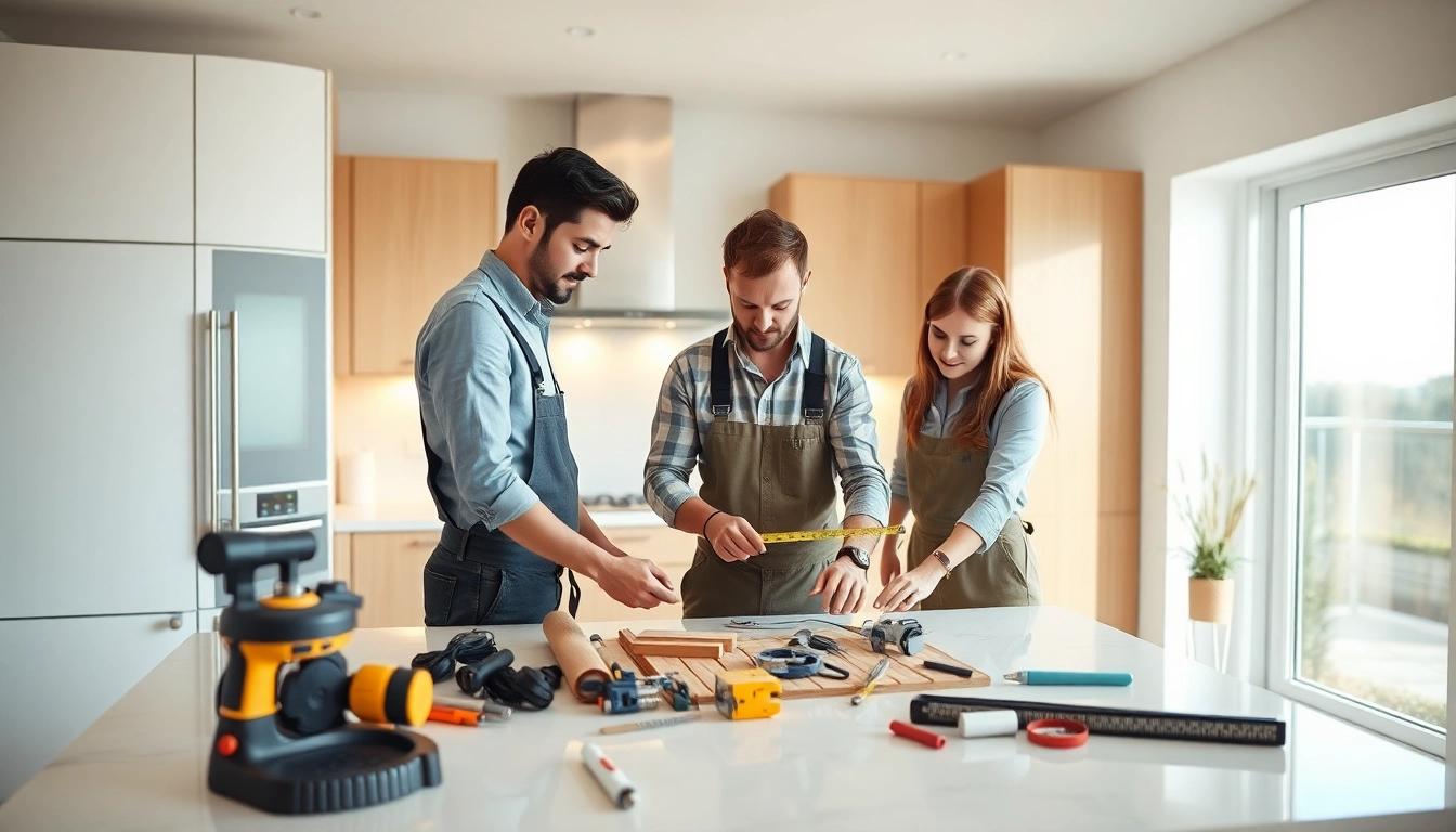 Kitchen installers collaborating effectively in a modern kitchen setting.