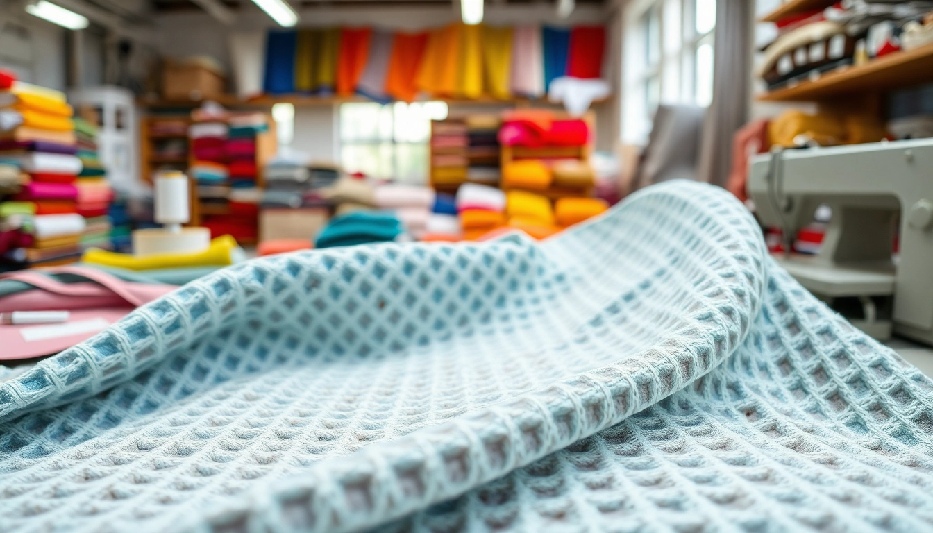 Vervaardiging van wafeldoek met kleurrijke patronen en texturen in een stoffenwerkplaats