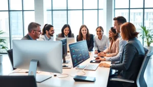 Engaging discussion among Fredericksburg IT Companies professionals in a modern office setting.