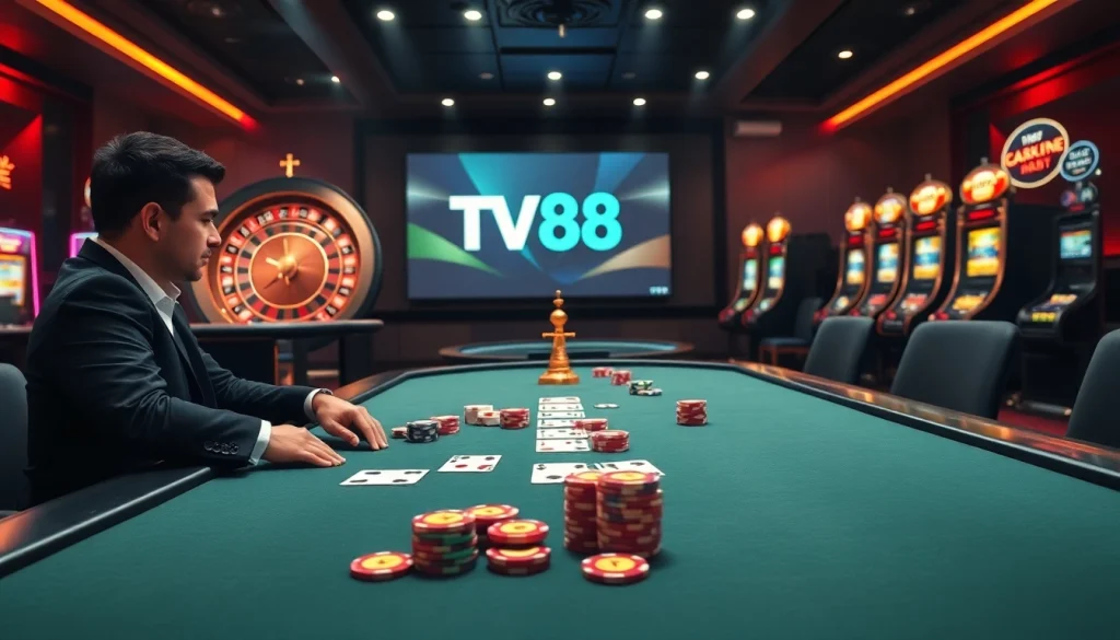Players enjoying a high-stakes poker game at TV88 casino with vibrant chips and cards.