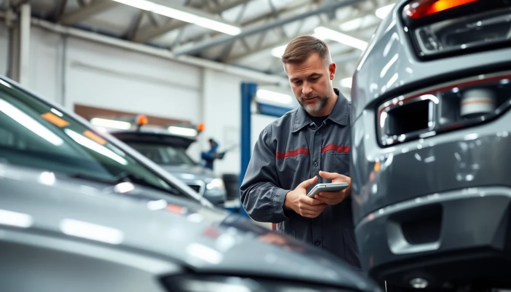 Unfall Auto Gutachter prüft Schäden an einem Fahrzeug in einer Werkstatt.