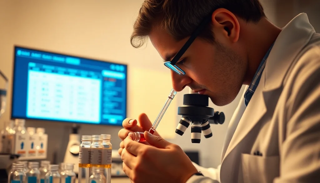 Shop smart while buying peptides online with a researcher analyzing peptide vials.