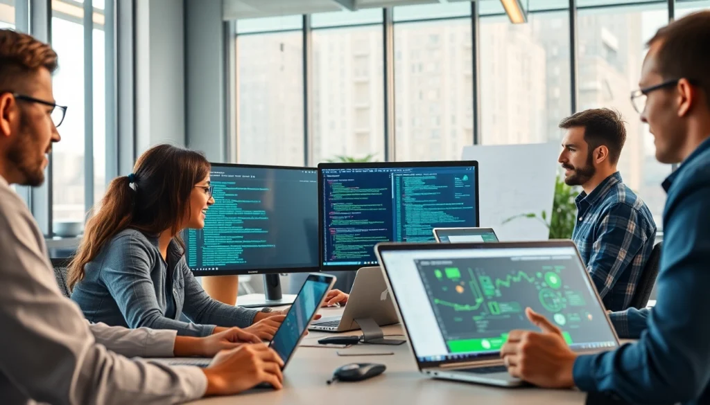 Technology collaboration scene in a vibrant office with engineers developing software solutions.