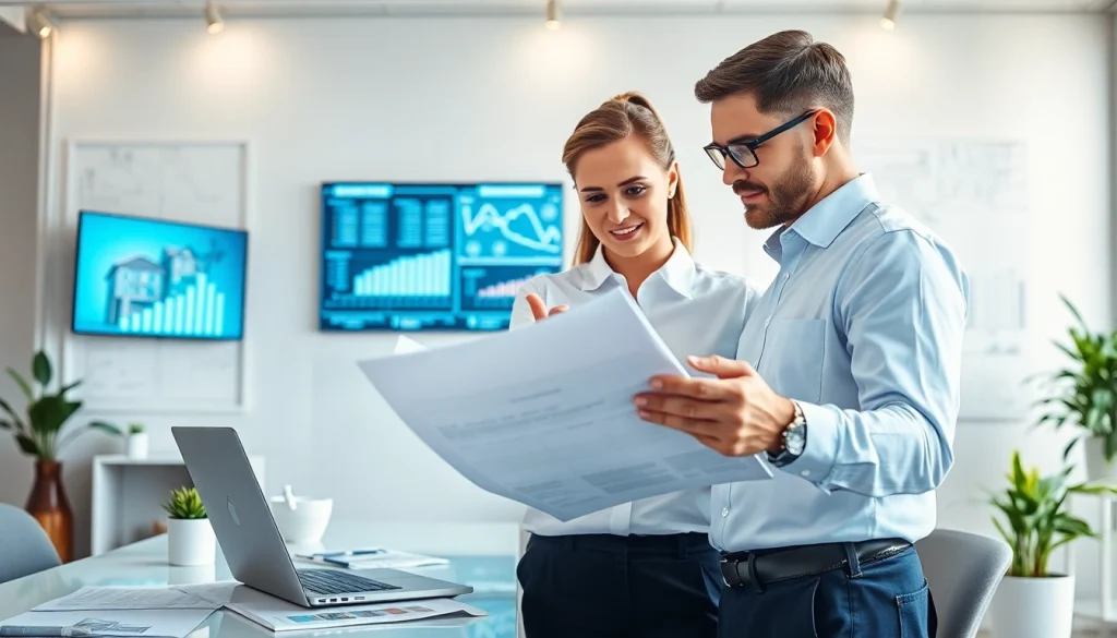 Analysieren Sie Dokumente auf https://wohnung-verkaufen.immobilien in einem modernen Büro-Setup mit Kräften der Immobilienbranche.