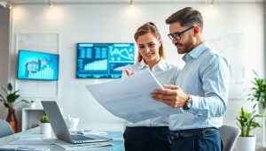 Analysieren Sie Dokumente auf https://wohnung-verkaufen.immobilien in einem modernen Büro-Setup mit Kräften der Immobilienbranche.