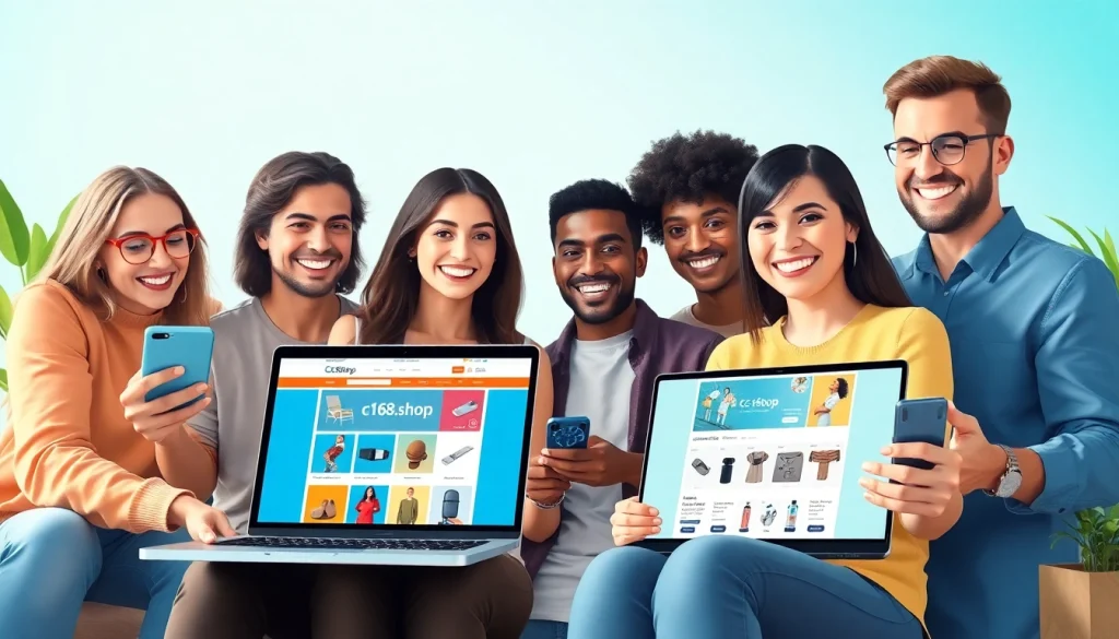 Shop online effortlessly at c168.shop with a diverse group exploring digital shopping.