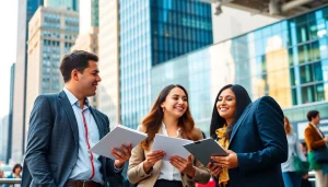 Job seekers networking in jobs new york with iconic city backdrop and vibrant atmosphere.
