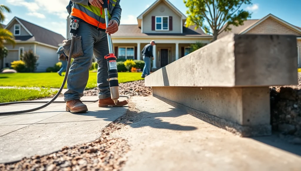 Mudjacking team lifting a concrete slab at a residential property, showcasing their professional process.