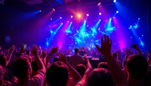 Experience the excitement of kooralive as fans celebrate a vibrant concert atmosphere with colorful lighting.