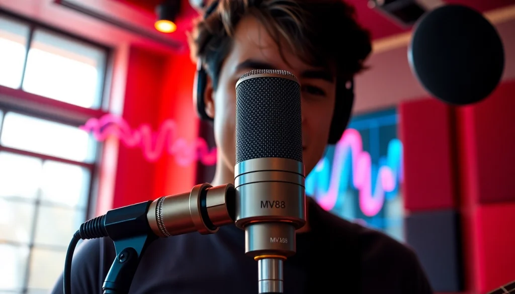 Capture the essence of MV88 microphone in use by a musician inside a colorful recording studio.