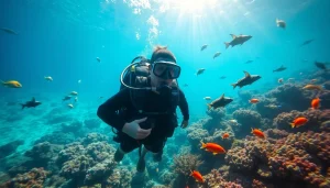 Explore the underwater wonders at https://marvinscubaexpeditions.com with a scuba diver interacting with a coral reef.