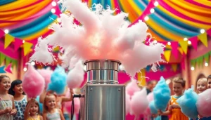 Wafel katoen wordt met vreugde vervaardigd in een levendige carnavalsetting.