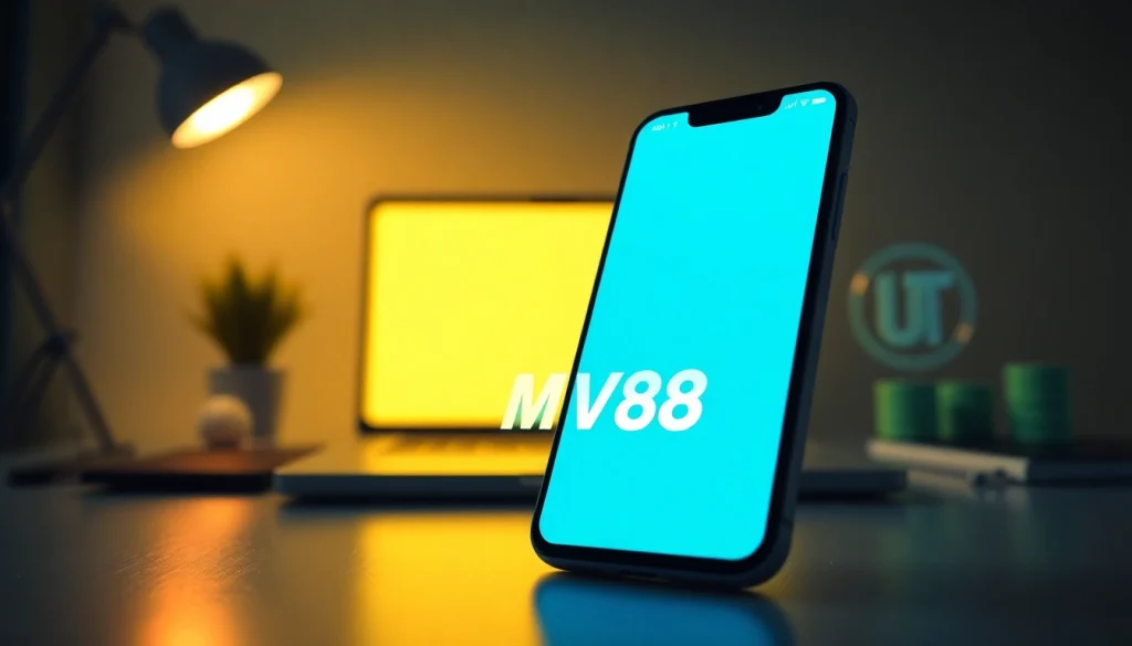 MV88 branding on a smartphone screen showing a modern online betting interface with USDT symbols.