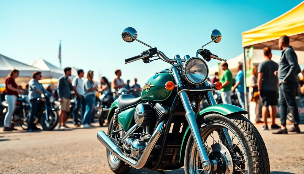 Motorrad verkaufen in einem lebhaften Markt, wo Käufer und Verkäufer interagieren.