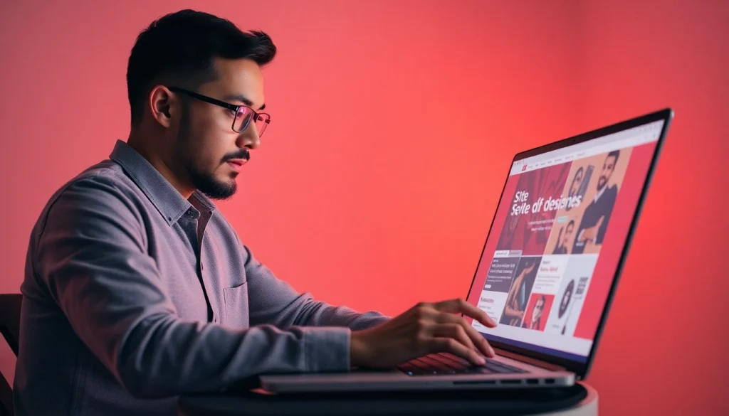 Desenvolvimento de Site com um designer concentrado em um laptop mostrando elementos de criação.