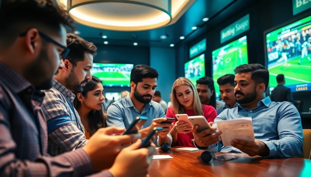 Enthusiasts discussing best online sportsbooks India in a vibrant betting lounge with live sports screens.