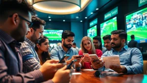 Enthusiasts discussing best online sportsbooks India in a vibrant betting lounge with live sports screens.
