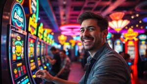 Main player celebrating a win at batman138 slot machine in a lively casino atmosphere.