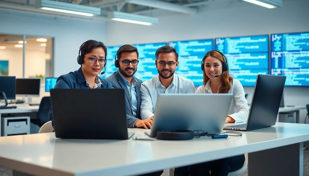 Computer support specialists working together in a modern office setting with advanced technology.