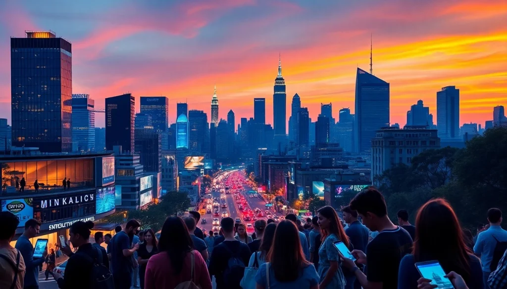 Menggambarkan https://152.42.170.247 dengan lanskap digital modern dalam suasana kota yang cerah.