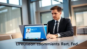 Engaging professional using LinkedIn Account Rental on a laptop in a modern office setting.