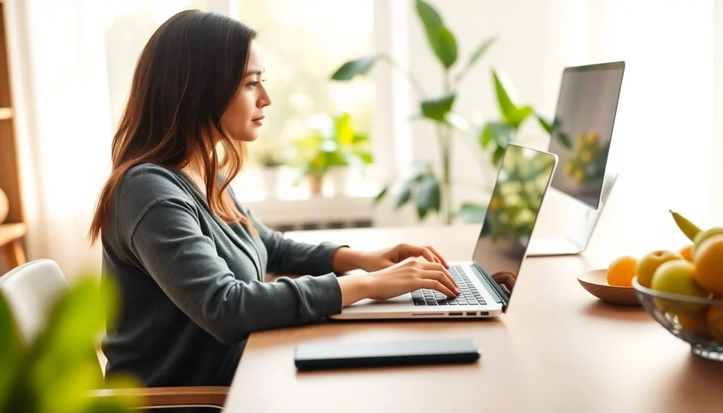 Showcase a professional setting at https://healthyvix.com with a lifestyle blogger surrounded by fresh fruits and greenery.