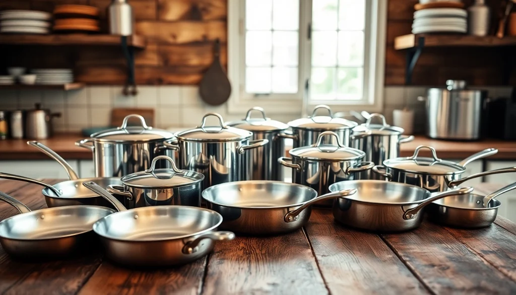 Shop a variety of stainless steel cookware NZ with vibrant reflections and diverse kitchen settings.