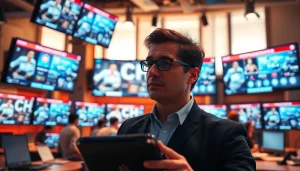 Covering breaking tech news with multiple screens in the background in a modern newsroom setting.