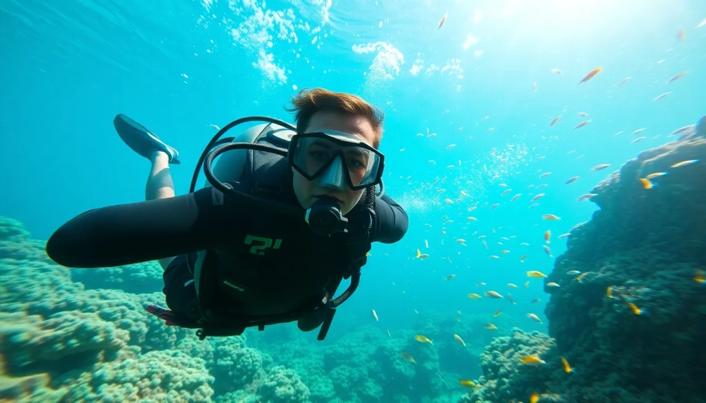 Diver exploring vibrant coral reef and marine life at https://marvinscubaexpeditions.com, emphasizing underwater adventure.