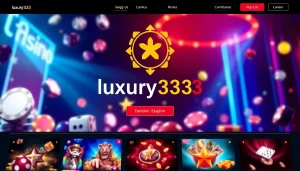 Menampilkan tampilan situs web casino online luxury333 dengan simbol keberuntungan dan estetika premium.