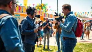 Engaged professionals capturing community insights for regionalmedianews.com at a vibrant outdoor event.