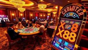 Players at a high-stakes poker table during an exciting game at XX88 Casino.