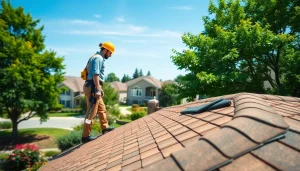 Roofer examining a quality installation from Twin Shield Roofing in a sunny neighborhood.