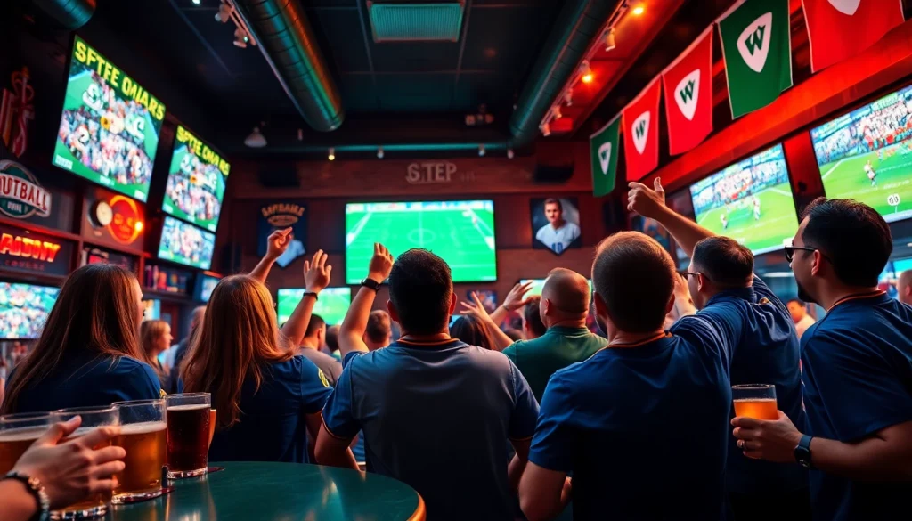 Engaging football betting scene at a bar featuring https://mm88bc.com/ with fans cheering and vibrant screens.