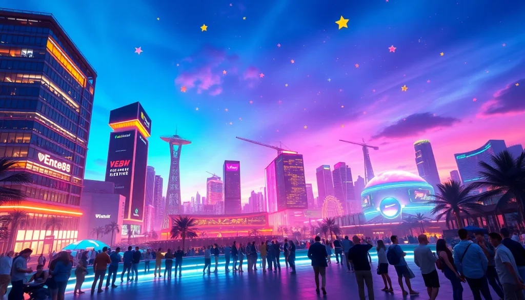 Conceptual visualization of New88 in a vibrant cityscape filled with people enjoying nightlife.