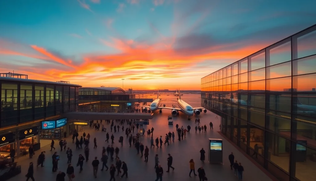 Explore the lively atmosphere at Heathrow Airport with passengers boarding flights at sunset.