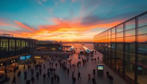 Explore the lively atmosphere at Heathrow Airport with passengers boarding flights at sunset.