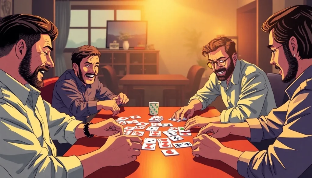 Rummy nabob enthusiasts enjoying a strategic game with colorful cards on a wooden table.