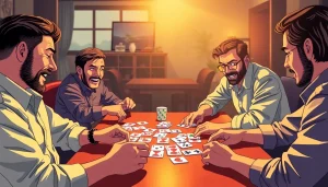 Rummy nabob enthusiasts enjoying a strategic game with colorful cards on a wooden table.