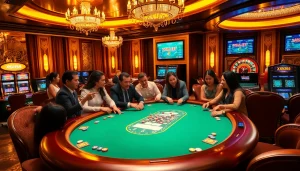 Players enjoying a thrilling Texas Hold'em game at an XX88 Boats casino table under warm lighting, emphasizing excitement.