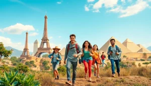 Travelers enjoying adventures at iconic landmarks, highlighting https://travelvixta.com experiences.