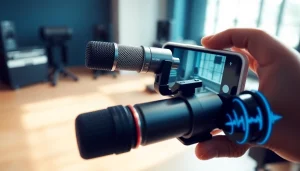 MV88 microphone showcased with a smartphone, capturing high-quality audio in a modern studio setting.