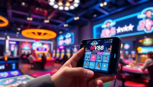 Engaging mobile interface of MV88 app in a vibrant digital casino setting.