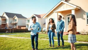 Engaging real estate scene illustrating an agent helping homebuyers navigate their options in Real Estate.