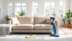 Sofa cleaning Dubai service in a bright living room highlighting a freshly cleaned sofa.