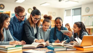 Enhance Education experience with diverse students collaborating in a modern classroom.